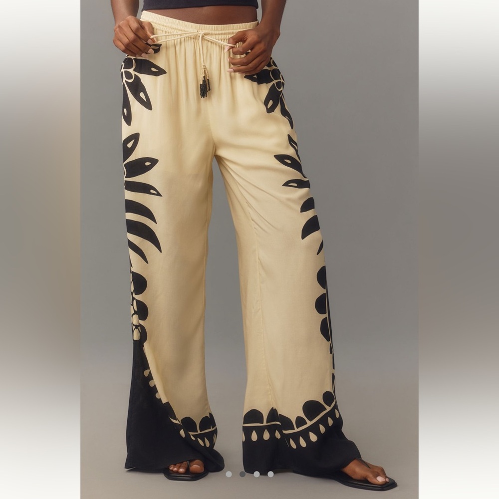 Farm Rio NWT fun S, or S petite wide leg lined pants, pockets, beaded tassels - Picture 10 of 16